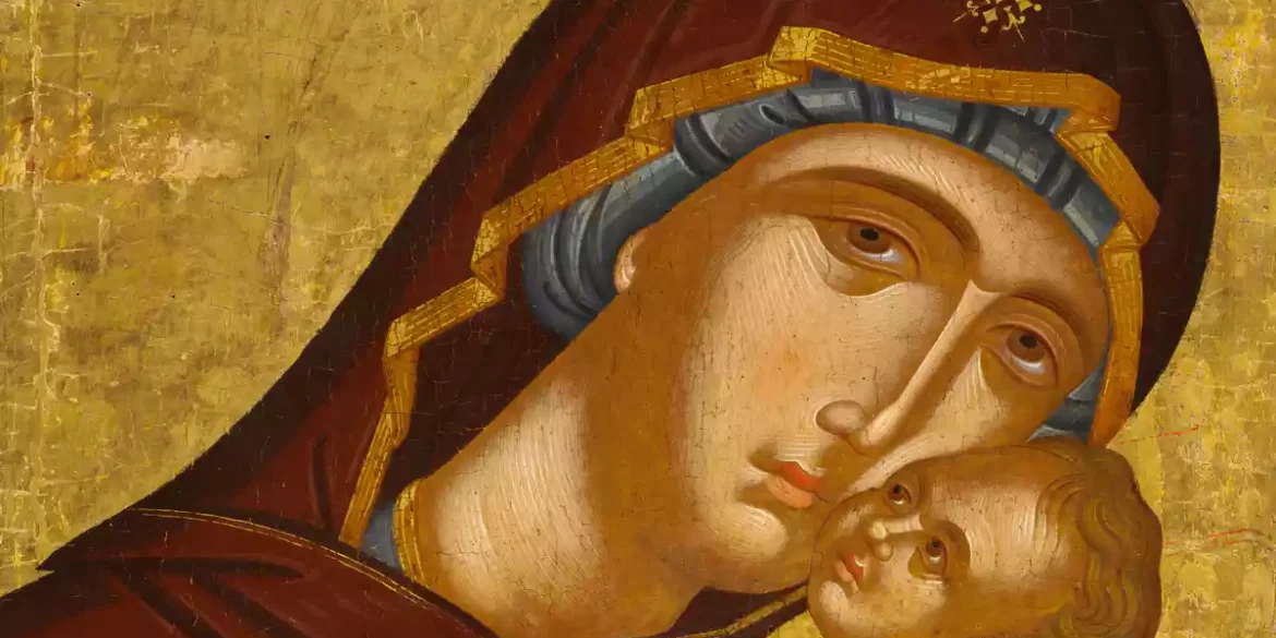 Intimate detail from Virgin Eleousa by Akotantos byzantine icon showing the tender embrace between Mother and Child