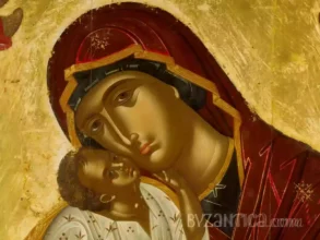 Intimate detail from Glykophilousa by Lambardos showing the tender embrace between Mother and Child in Byzantine icon