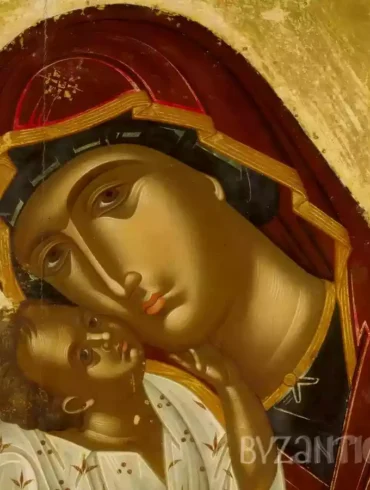Intimate detail from Glykophilousa by Lambardos showing the tender embrace between Mother and Child in Byzantine icon