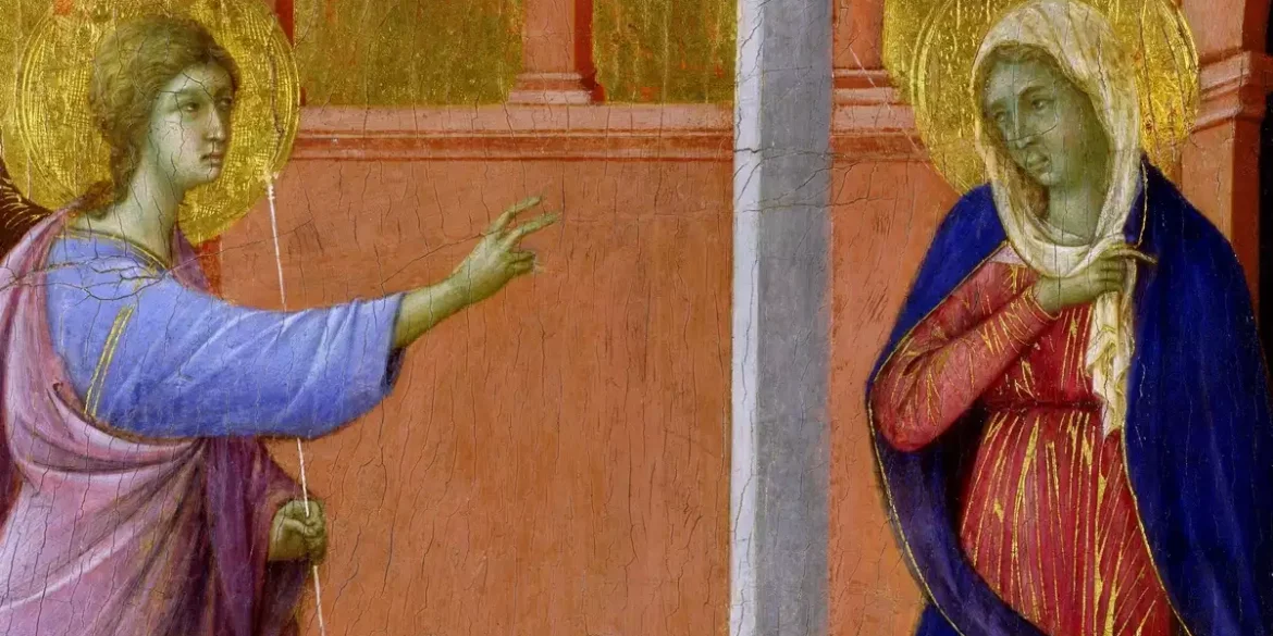 Detailed view of Virgin Mary from Annunciation by Duccio showing contemplative expression and rich blue drapery