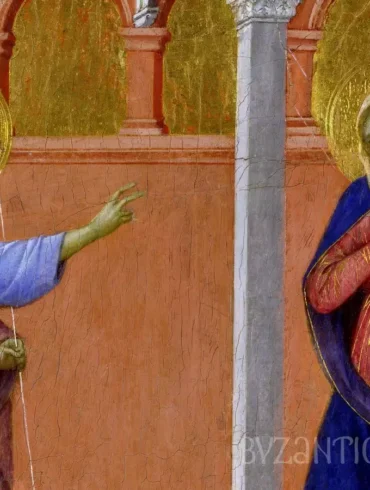Detailed view of Virgin Mary from Annunciation by Duccio showing contemplative expression and rich blue drapery