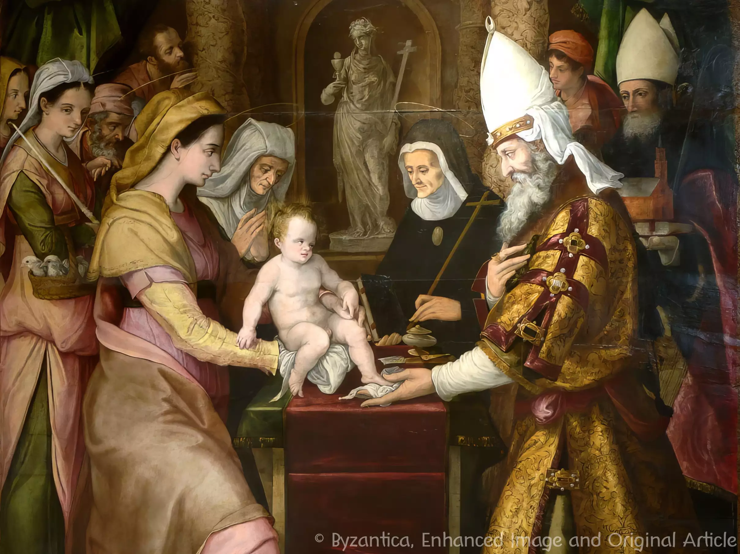 A tender detail from The Circumcision by Agresti showing the Virgin Mary holding the Christ child, rendered in Renaissance oil technique
