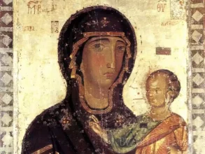 Detailed view of Virgin Mary's face from Hodegetria icon in Lefkosia showing masterful Byzantine technique and spiritual depth