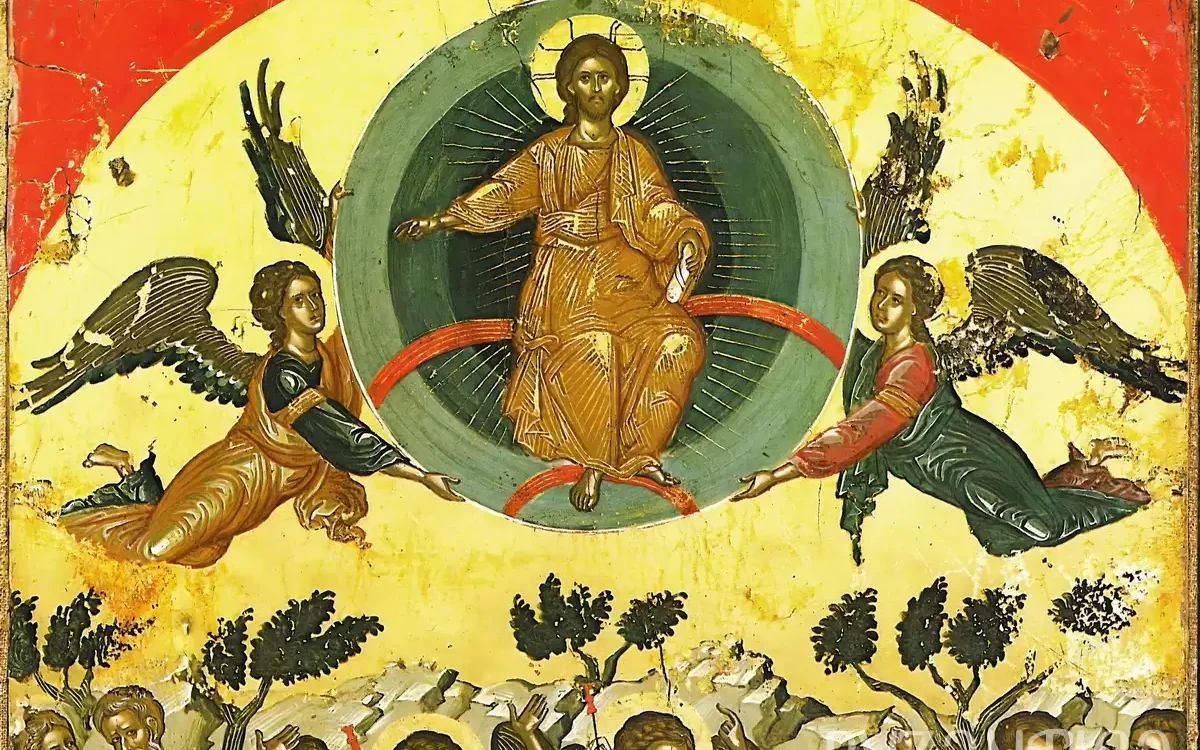 Ascension at Stavronikita by Theophanes detail showing Christ enthroned with angels in green mandorla
