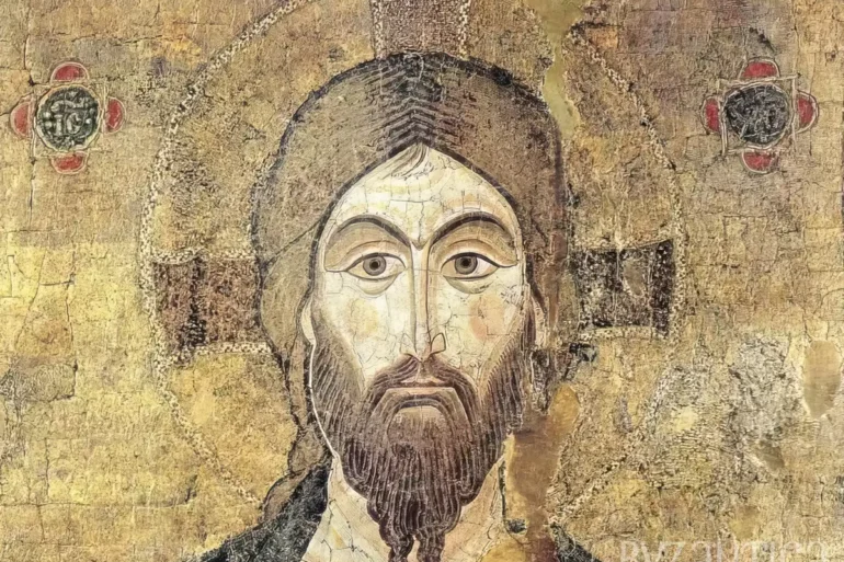 Christ Pantocrator in Bargello blessing hand detail with golden gospel book reveals sacred mosaic mastery