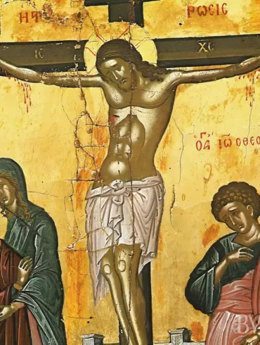 Crucifixion icon by Theophanes detail showing Christ's torso against golden background