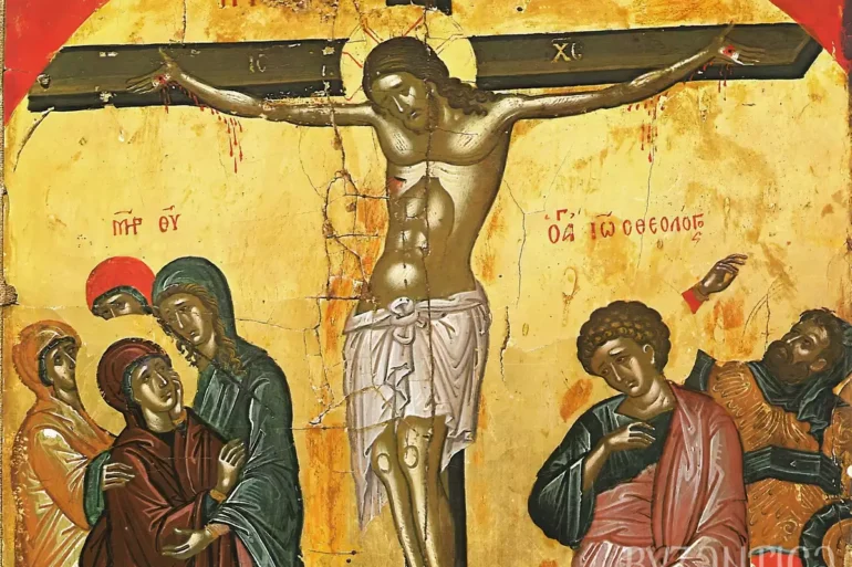 Crucifixion icon by Theophanes detail showing Christ's torso against golden background