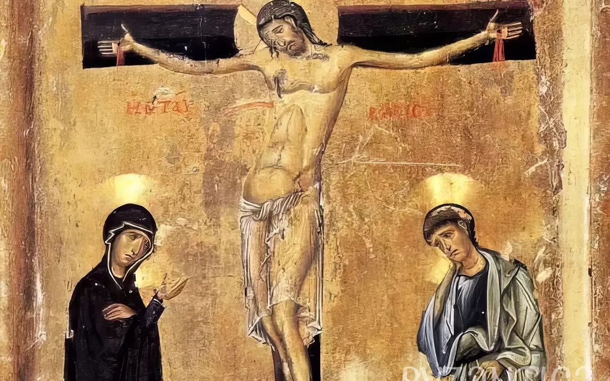 Detail of Crucifixion with Saints at Sinai showing Christ's face and surrounding saints, 12th century