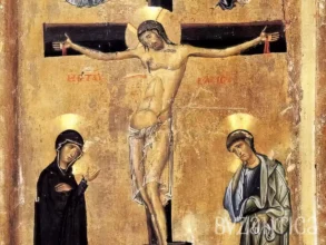 Detail of Crucifixion with Saints at Sinai showing Christ's face and surrounding saints, 12th century