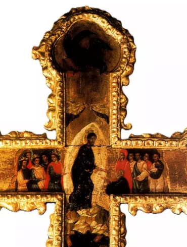 Double-sided Cross by Ravda central panel with gilded details and religious scenes 2