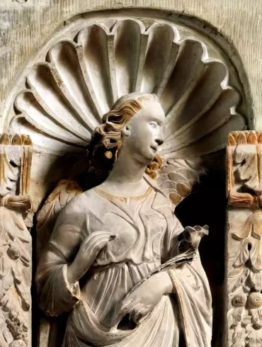 Duccio Stone Dossal masterpiece detail showing ethereal angel figure in Renaissance sacred relief sculpture