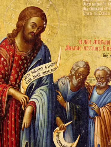 Kornaros Apostles painting showing Christ calling Peter and Andrew, masterful 18th-century Orthodox icon