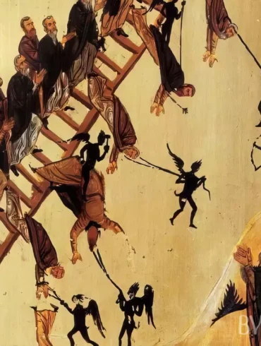 Close-up UHD detail of monks climbing the Ladder of Divine Ascent at Saint Catherine while demons attack with arrows