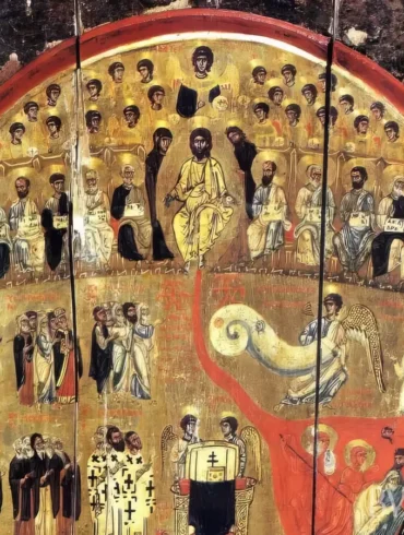 Photo alternative descriptions: Last Judgment Tetraptych in Saint Catherine Monastery detail showing Christ enthroned among saints