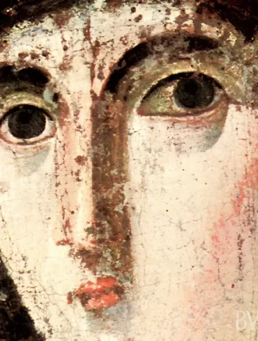 Detailed view of the Madonna's face from the 7th-century encaustic icon at St. Maria Nova