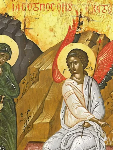 Detail of angel from Myrrh Bearers icon by Theophanes showing masterful Byzantine technique and sacred symbolism in UHD