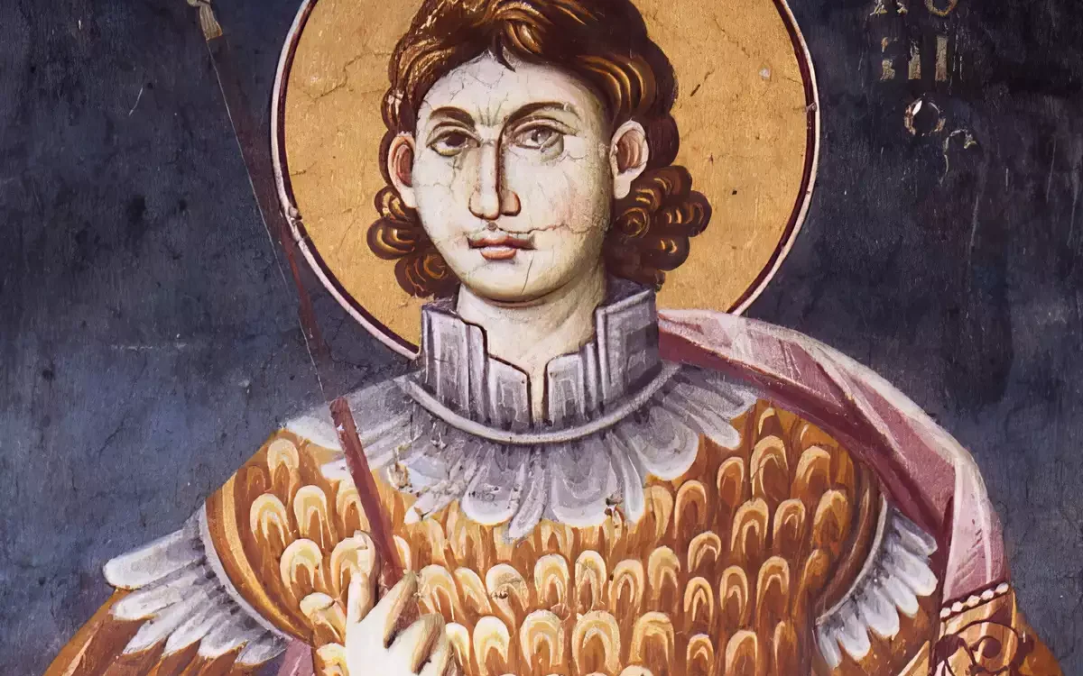 Ohrid Saint Prokopius Byzantine fresco showing warrior saint in golden armor, UHD restoration photograph