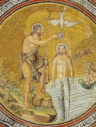 Orthodox Baptism Mosaic showing Christ's baptism with golden background and divine light