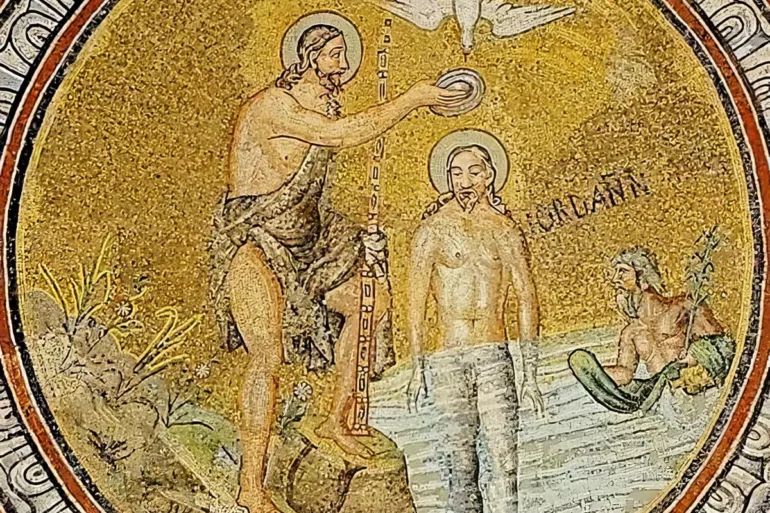 Orthodox Baptism Mosaic showing Christ's baptism with golden background and divine light