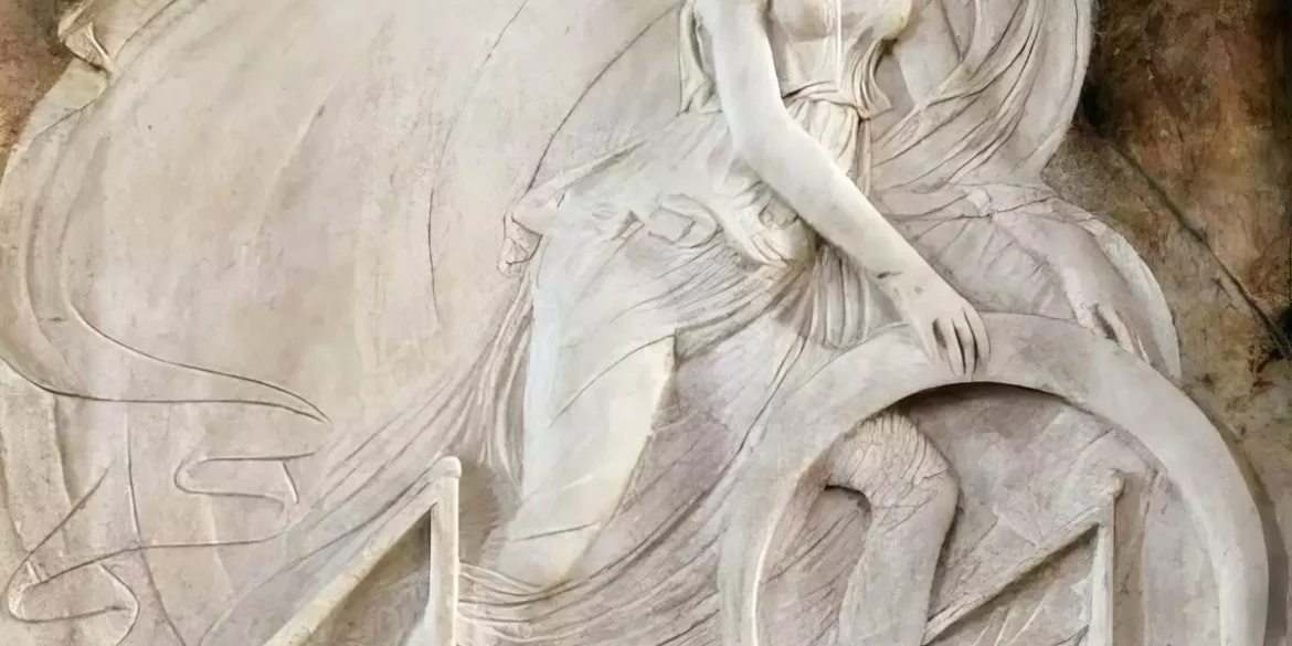 Planetary Chapel Rimini UHD marble relief detail showing celestial figure with flowing drapery above chariot