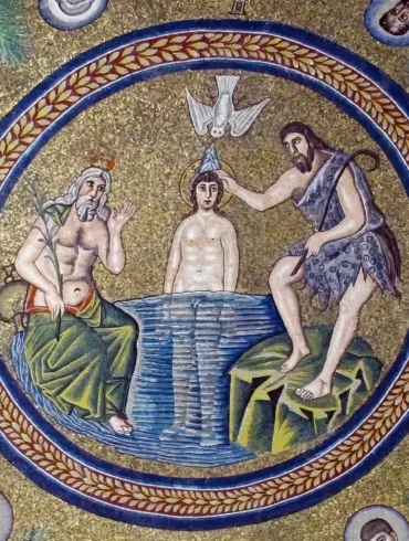 Ravenna Arian Baptistery mosaic showing Christ's baptism against golden background