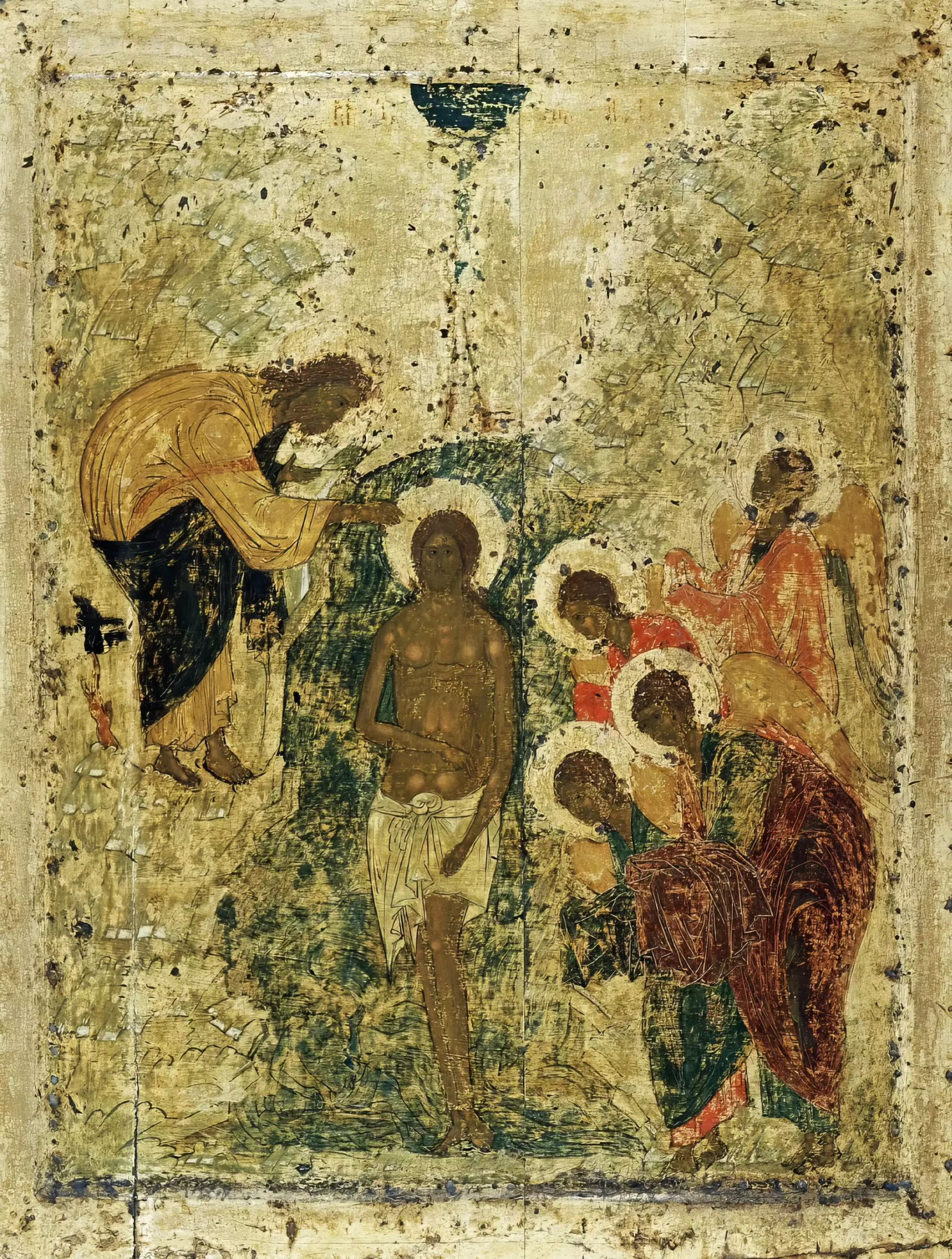 Rublev Baptism masterpiece of medieval Russian icon painting with golden background in UHD resolution