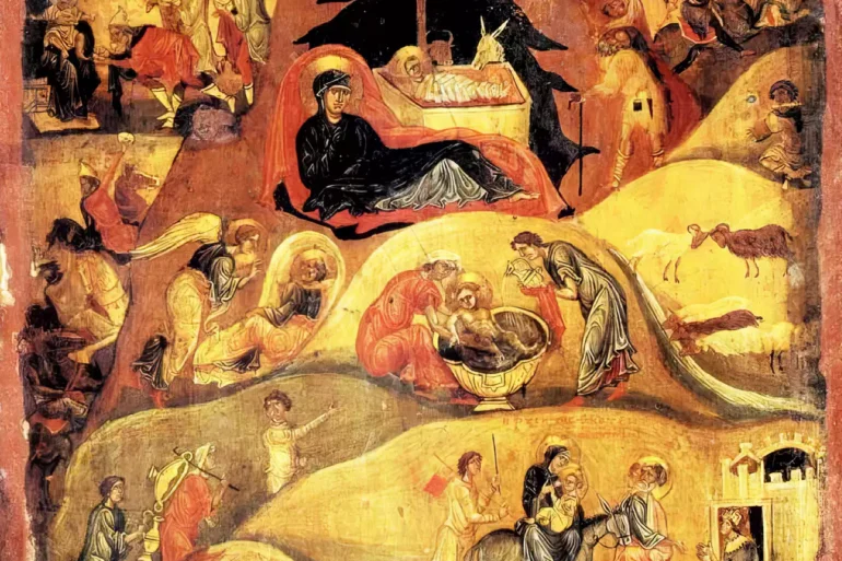 Sinai Monastery Nativity Icon showing the birth of Christ with angels and shepherds