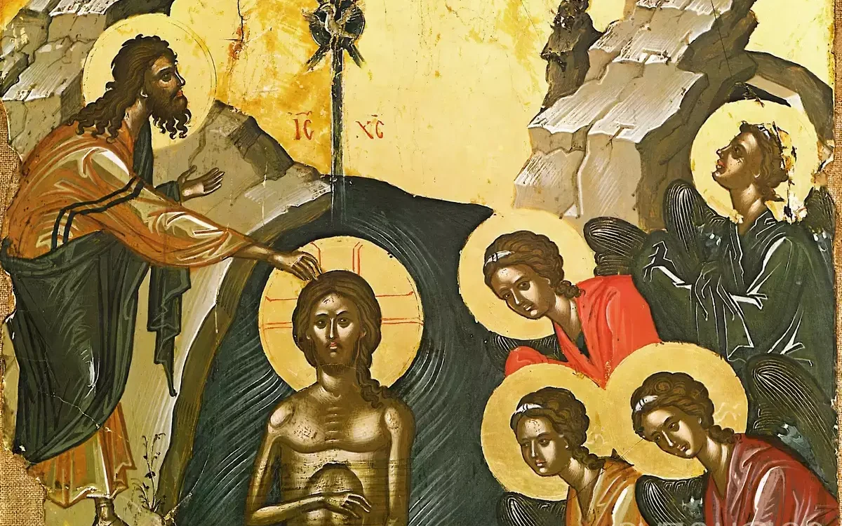 Theophanes Christ Baptism icon detail showing attending angels with rich gold highlights and deep colors