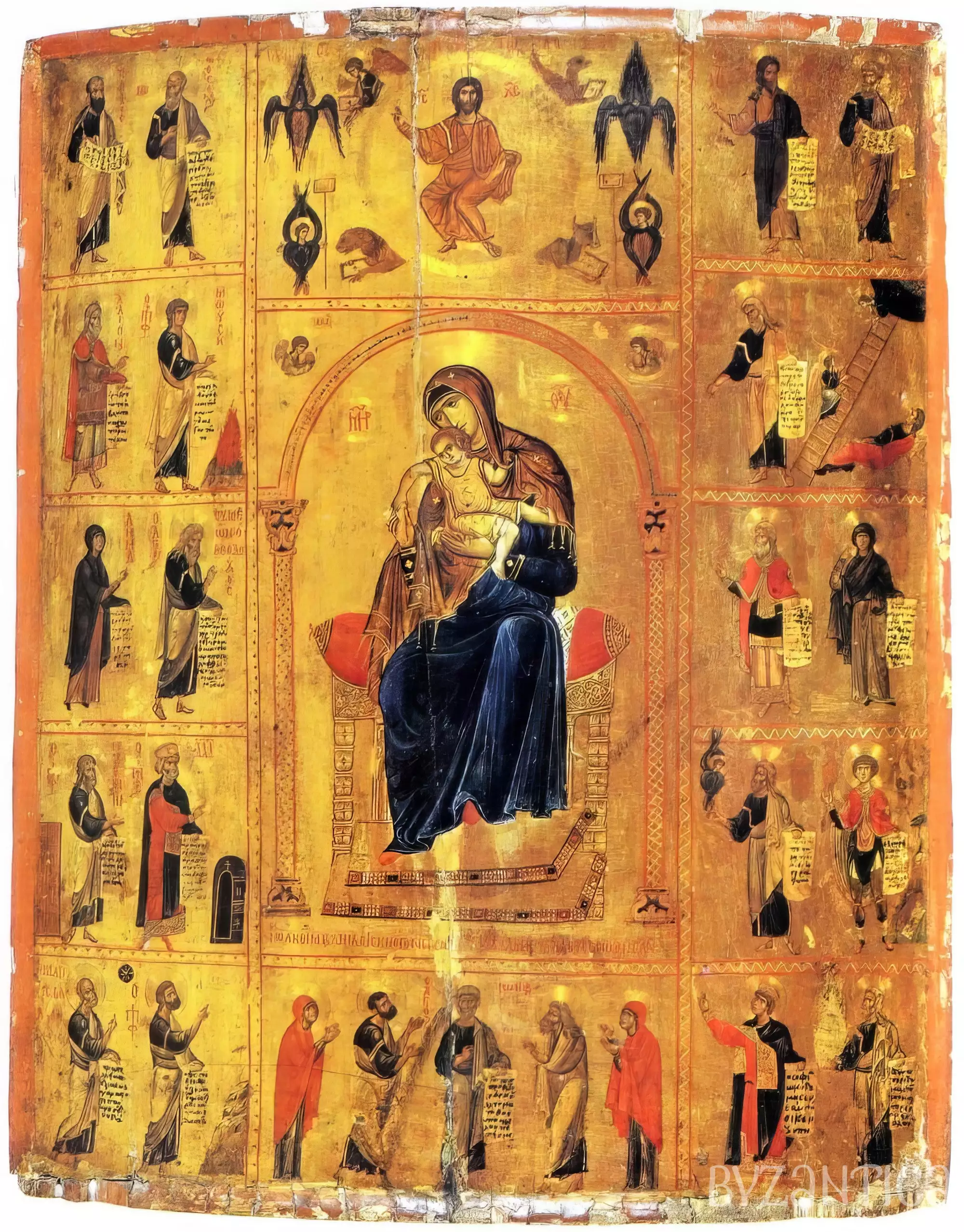 Theotokos Kykkotissa at Sinai complete icon with surrounding saints and Christ in Glory, UHD sacred artwork