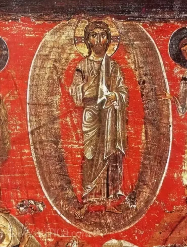 Transfiguration icon in Hermitage detail showing Christ within mandorla, surrounded by prophets, Byzantine sacred artwork